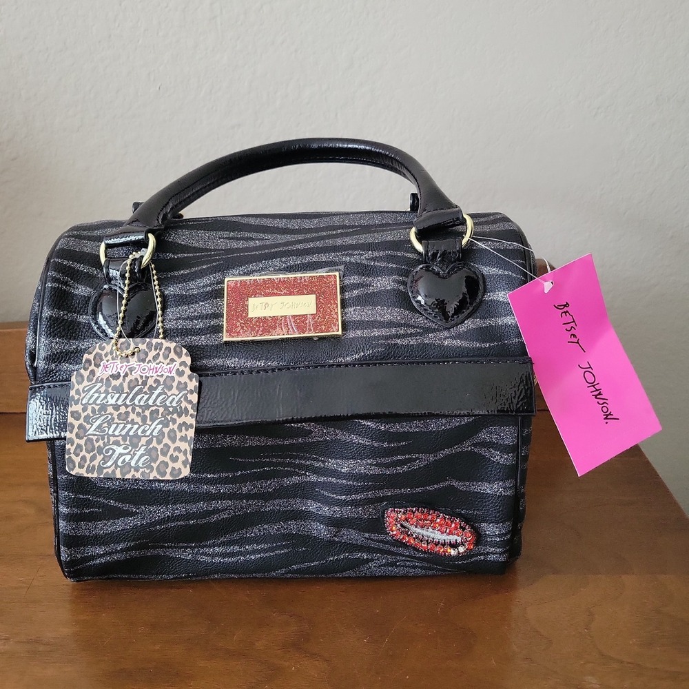 Betsey Johnson Insulated Lunch Tote Black Zebra Print Glitter Lips Indie NEW
